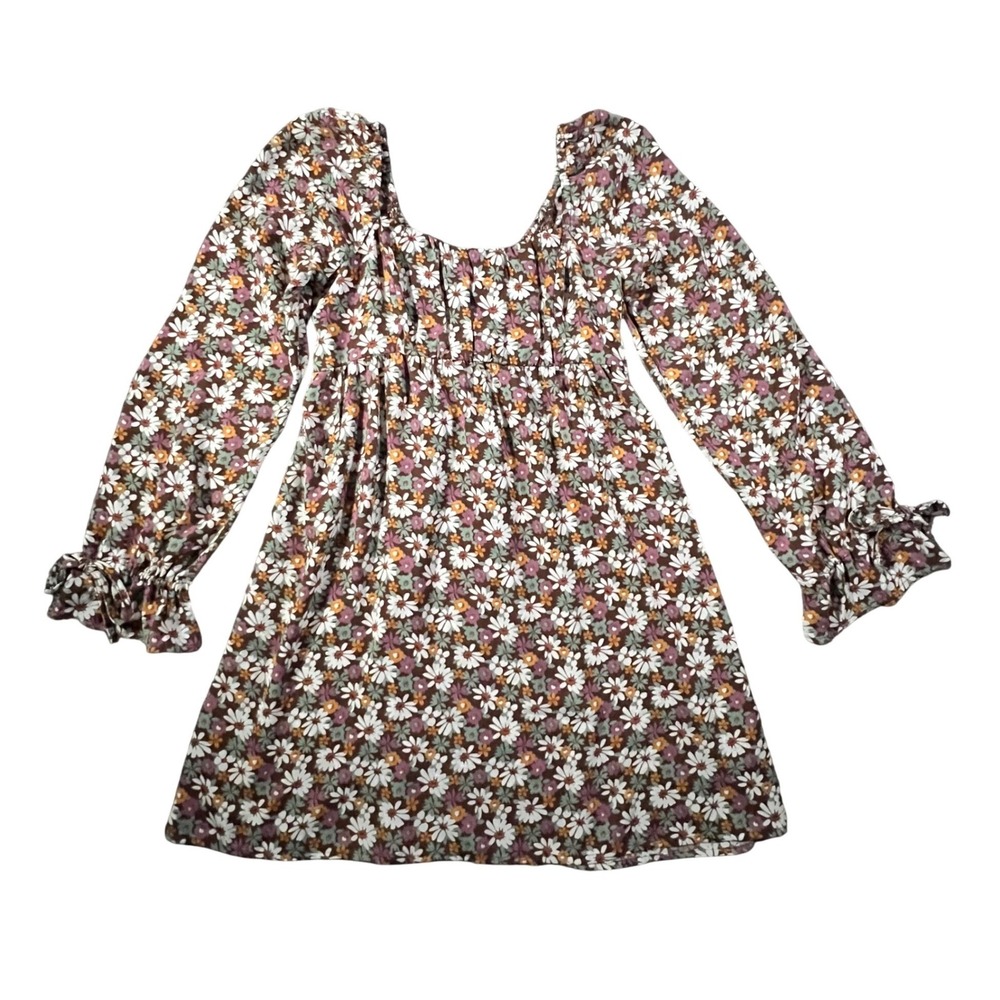 Hollister Floral Mini Dress Womens‎ Small Brown Smocked Back Long Sleeve Ruffle